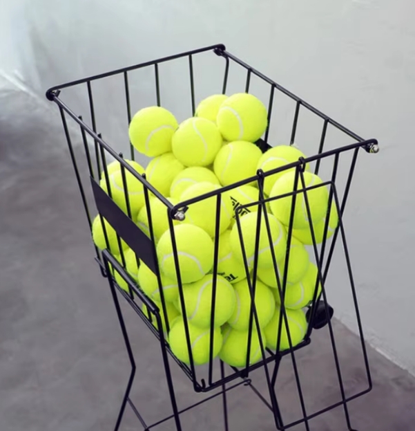 Foldable tennis ball hopper with wheels, standing tennis ball pickup basket